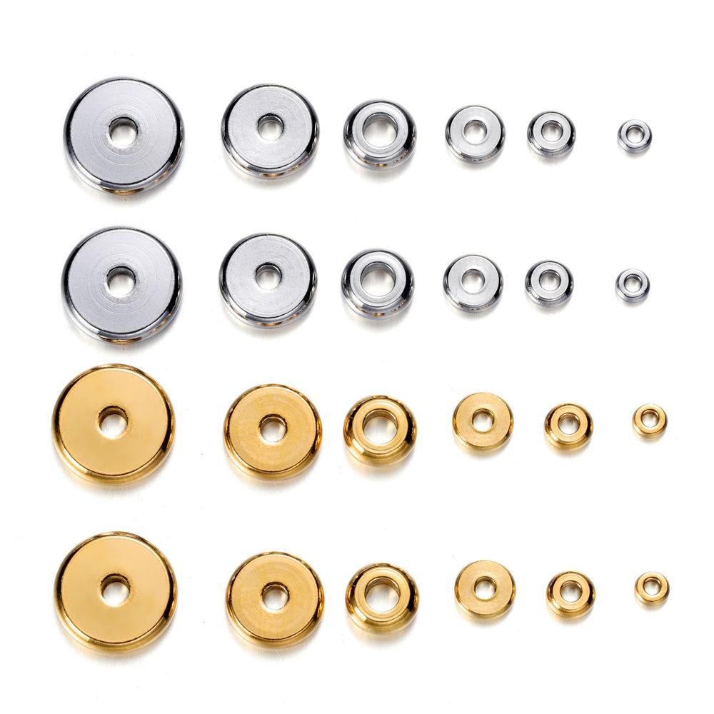 20Pcs/lot 3-10 Mm Stainless Steel Charm Spacer Beads Flat Round Loose Big Hole Beads For DIY Jewelry Making Supplies Accessories
