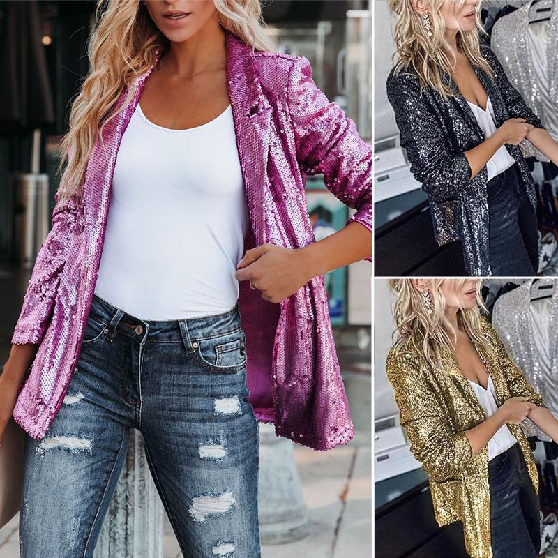Womens Sequin Blazer Suit Glitter Open Front Thin Jacket Ladies Party Outwear