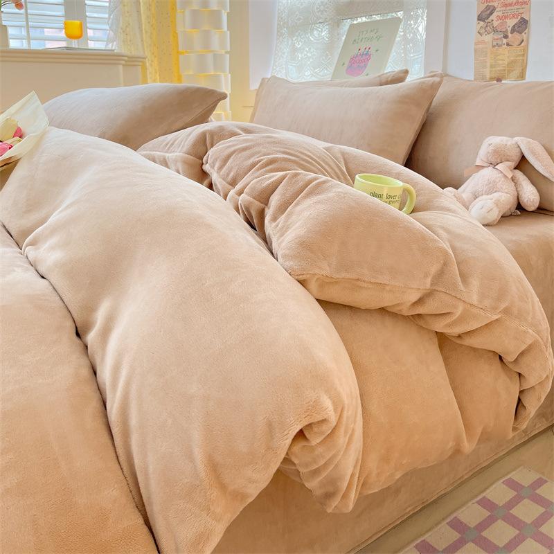 Thickened Milk Fleece Four-Piece Set, Solid Color Coral Fleece Bed Sheet Quilt Cover, Fleece Bedding Three-Piece Set
