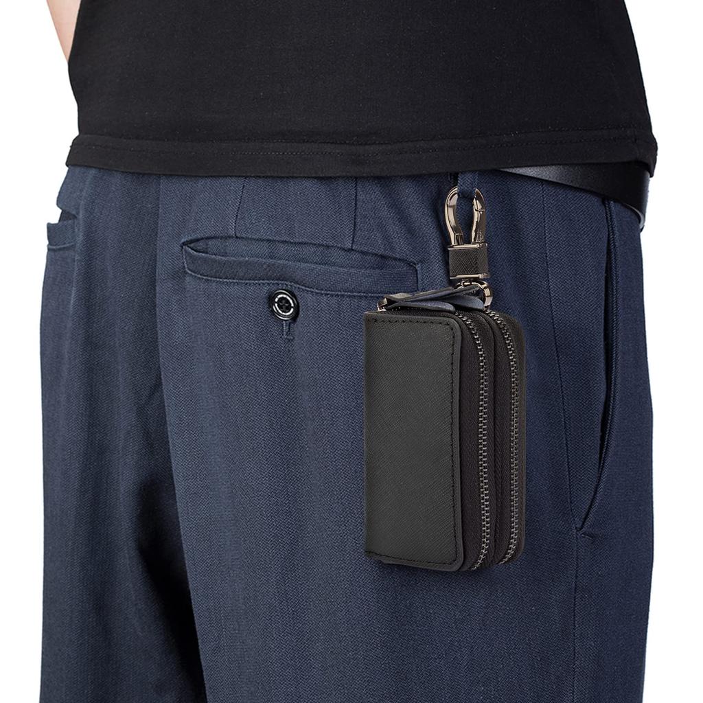 Smart Key Case for Men and Holds Two Keys Double Convenient Women, Simultaneously, Pockets, Leather, Multifunctional, (Black)