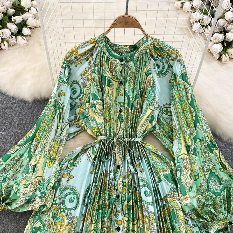 Платья Temperament Lantern Длинные рукава Круглый вырез Тонкий однобортный принтованное платье Элегантные винтажные шикарные женские платья