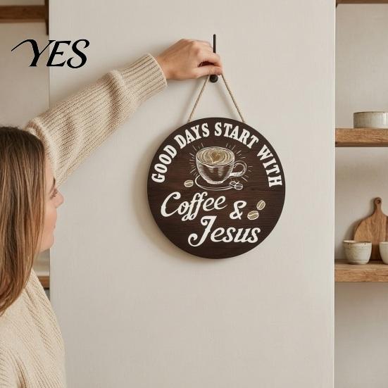 Coffee Station Decorations for Home Wooden Bar Signs, Rustic Themed Hanging Sign, Cup Handcrafted Wood Sign Shape & Round Plaque Farmhouse Kitchen