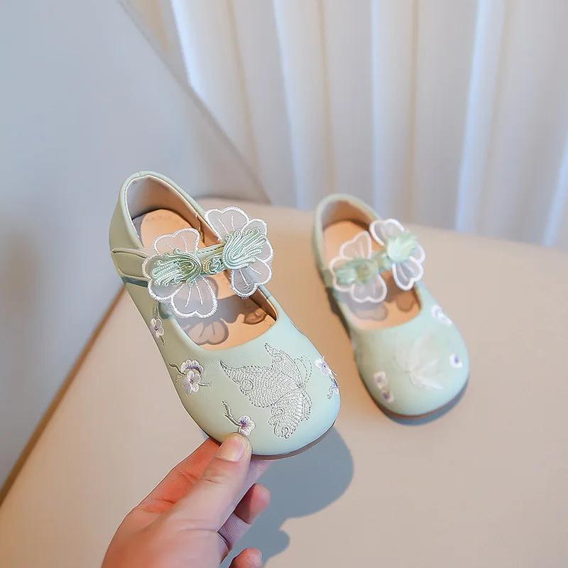 Милые женские туфли принцессы из кожи, вышитые вручную бабочки, детские туфли на плоской подошве, модные универсальные детские туфли ханьфу