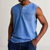 Men Tops Sleeveless Round Neck Buttons Half Placket Solid Color Camisole Casual Tank Tops Daily Wear