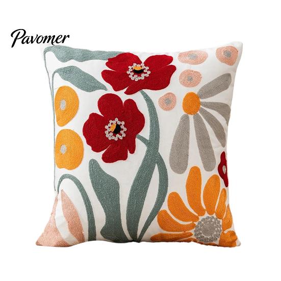 Embroidered Cushion Cases for Sofa Farmhouse Floral Cover, 3D Flower Embroidery Throw Pillow Decorative Square Bedroom Case Living Room Couch Bedroom,