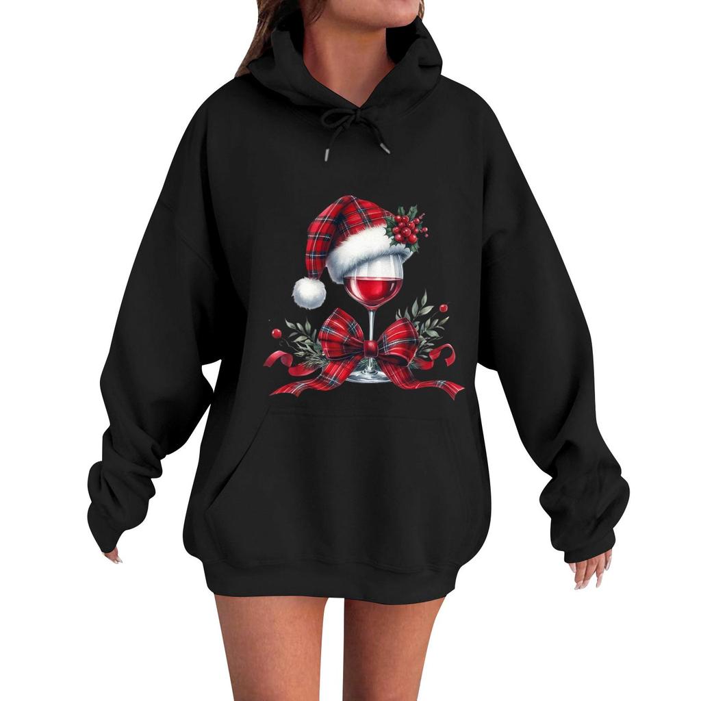 Women's Casual Comfortable Neck Hooded Long Sleeve Christmas Print Warm Sweatshirt