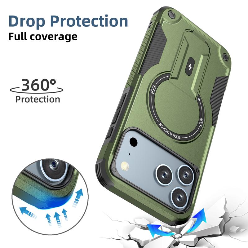 Для iPhone 17 Pro Max, 17 Air Чехол Ударопрочный Магнитный Двухслойный Бронированный PC+TPU Кольцо Задняя Подставка Чехол для iPhone17