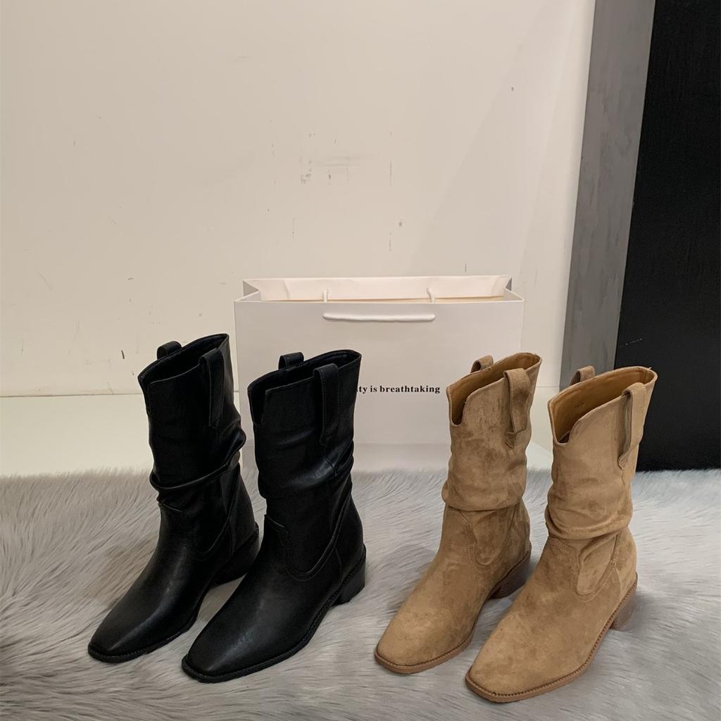 Lazy Stylish Western Cowboy Boots Women's Pointed Mid Boots Pleated Pile Boots Thick Heel Martin Boots