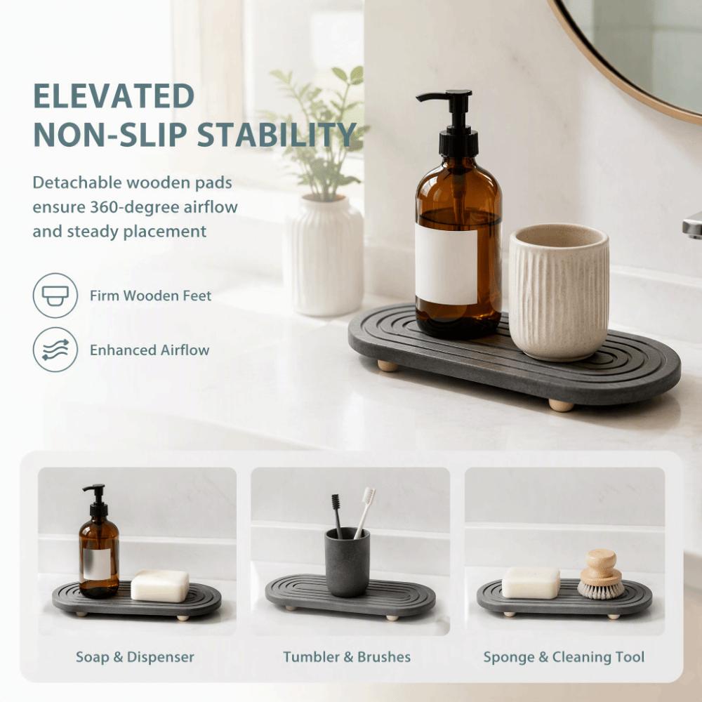 Dark Grey Diatomite Coaster Wooden Feet Absorbent Diatomite Sink Tray Countertop Organizer