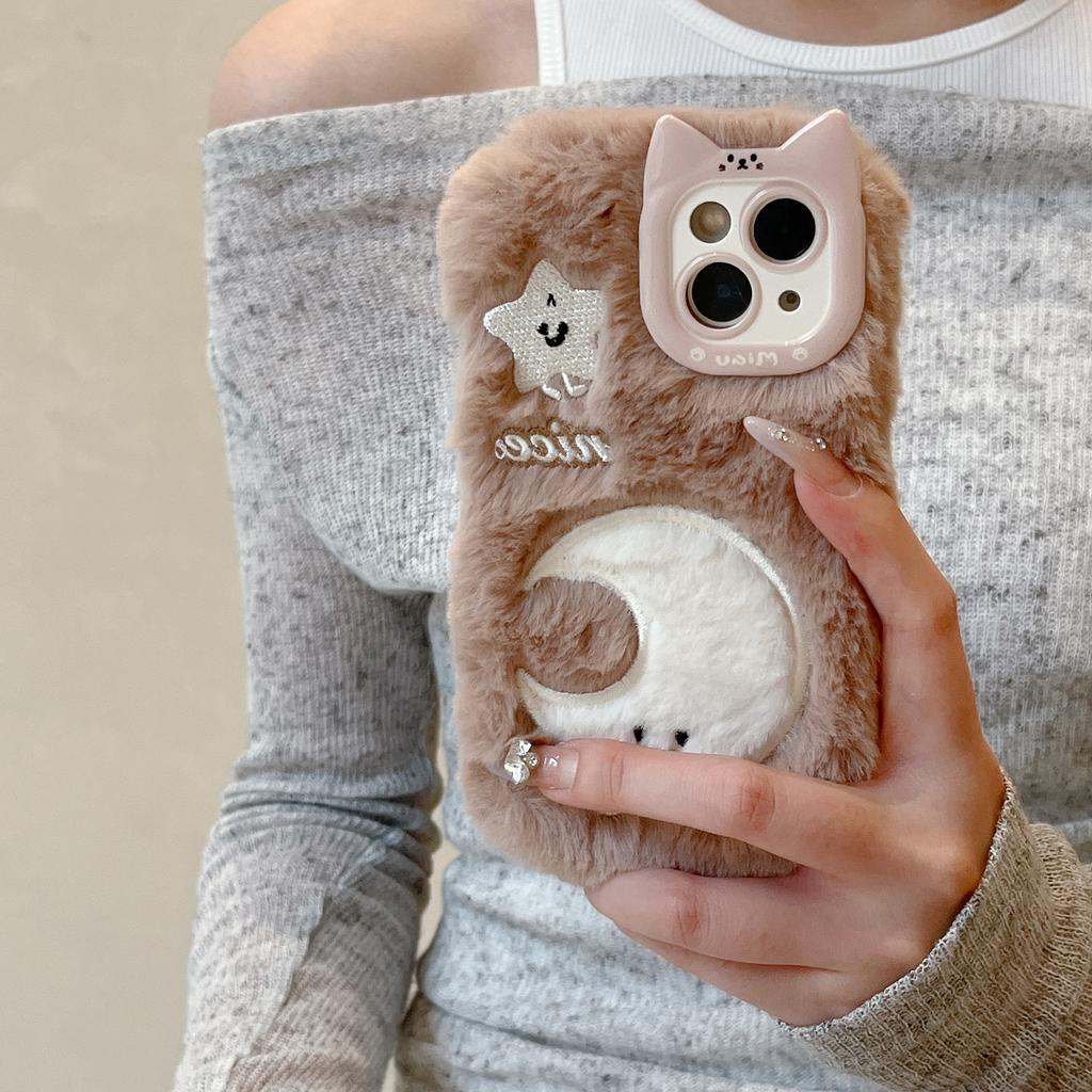New Cat Ear Embroidery Star Moon Plush Phone Case iPhone Phone Accessories for Girls for iPhone 11 12 13 14 15 16 Pro Max