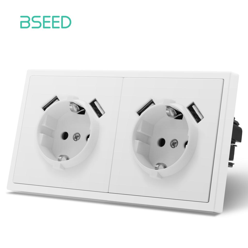 BSEED EU Large Button Wall Switches 1/2Gang 1Way Wall Power Sockets Dual USB Phone Charge Port 5V White Home E-Series