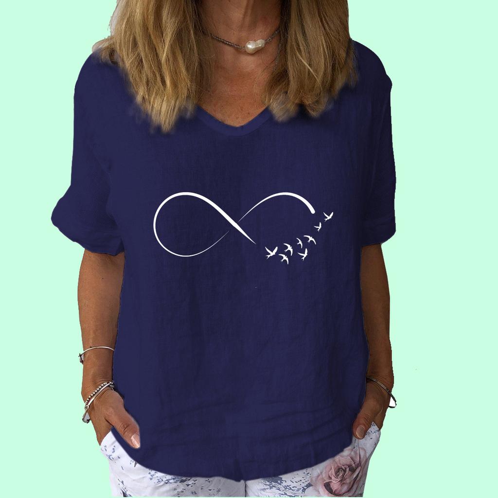 Women Fashion V Neck Short Sleeve Top Summer Casual Cotton Linen Shirt Ladies Print T-shirt