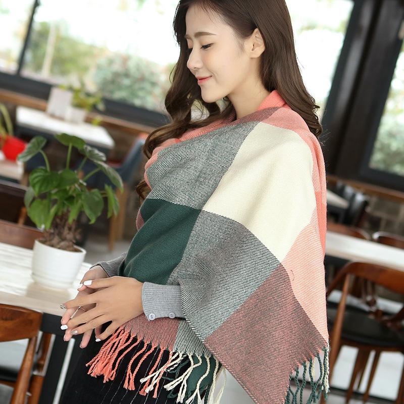 Women's Korean Style Knitted Plaid Tassel Shawl: Thick, Double-Sided & Versatile Winter Scarf