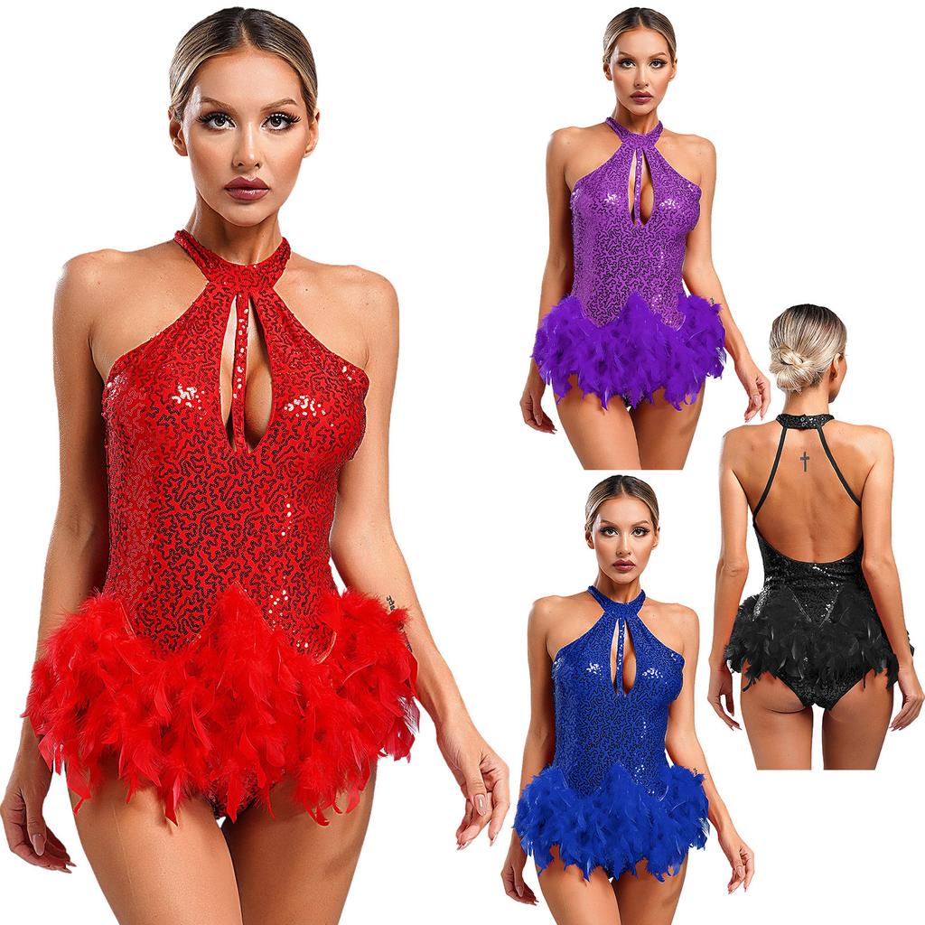 Womens Stage Performance Dancewear Halter Sleeveless Backless Shiny Sequins Feather Dance Leotard