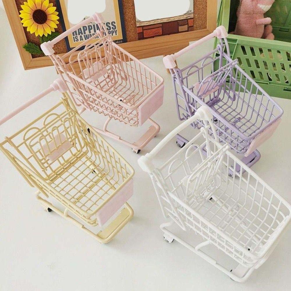 Hollow Shopping Cart Storage Metal Desktop Stationery Holder Cute Mini Storage Basket  Desktop