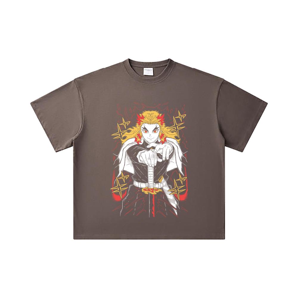 260 GSM Double Yarn 32 Count 100% Cotton Demon Slayer V43 Rengoku Print Unisex Heavy Cotton T Shirt