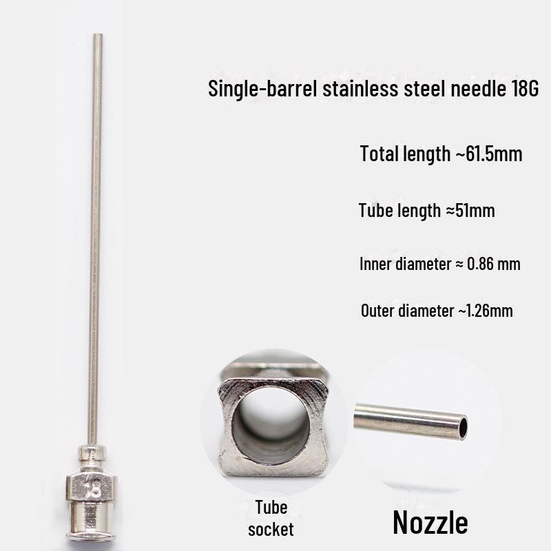 Дозирующая игла из нержавеющей стали с плоским кончиком, общая длина 61,5 мм, длина трубки 50 мм.