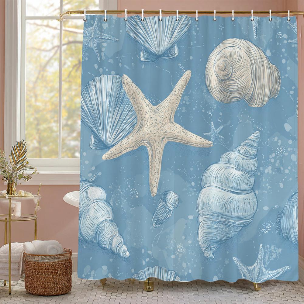 1PC Watercolor starfish pattern printed shower curtain, waterproof, with hooks, bathroom showers, bathtub, fashionable home user