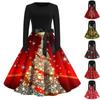 Christmas Print Flare Dress For Women Round Neck Long Sleeve Dress Casual Dresses