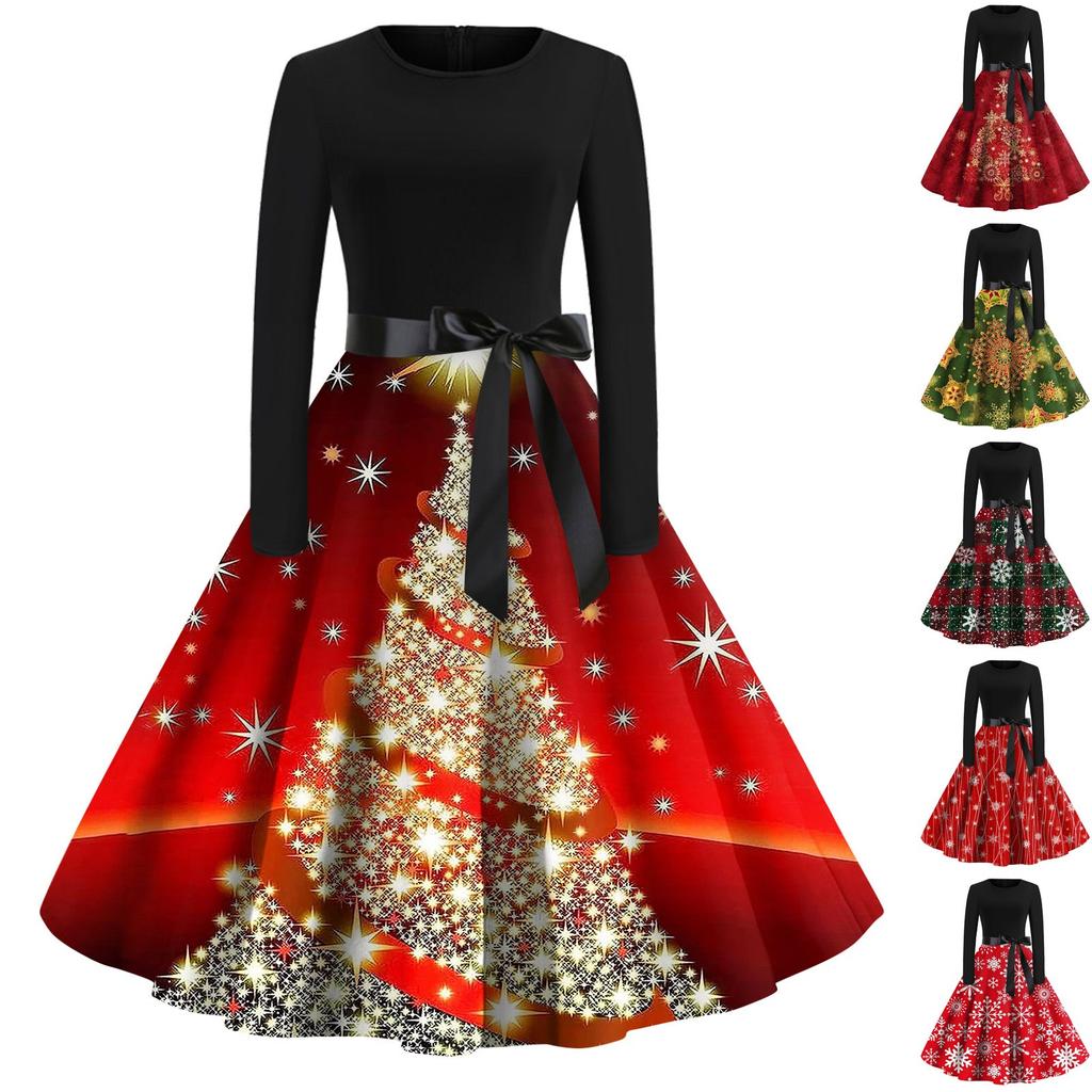 Christmas Print Flare Dress For Women Round Neck Long Sleeve Dress Casual Dresses