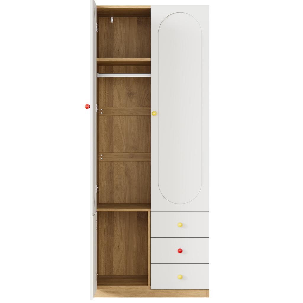 2-Door wardrobe with drawers, bedroom cabinet, children's room furniture, with clothes rail, colorful ceramic handles, white lacquer