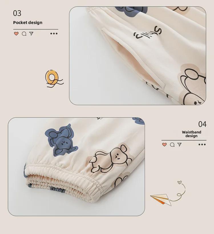 Женский пижамный комплект весна/осень: Длинный рукав, мультяшный дизайн, свободный крой, нагрудные накладки, подходит для использования в помещении и на улице.