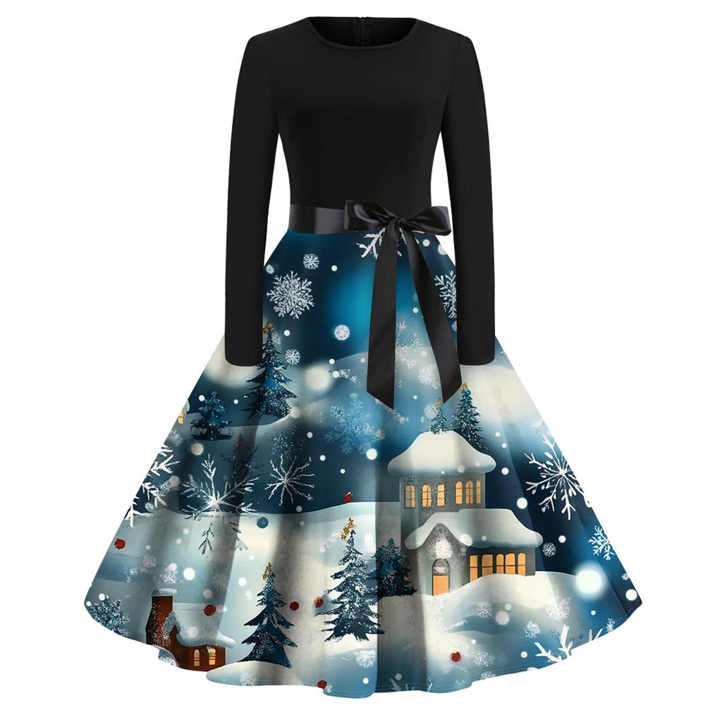 Женское модное повседневное платье приталенного кроя с круглым вырезом, рождественским принтом и длинными рукавами