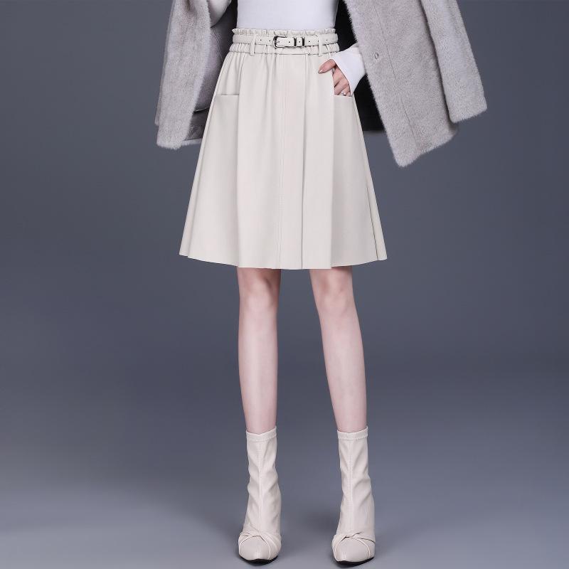 High-Waisted A-Line Leather Skirt for Women, Autumn/Winter, Pleated Lambskin Midi Skirt, Age-Defying & Classic Design