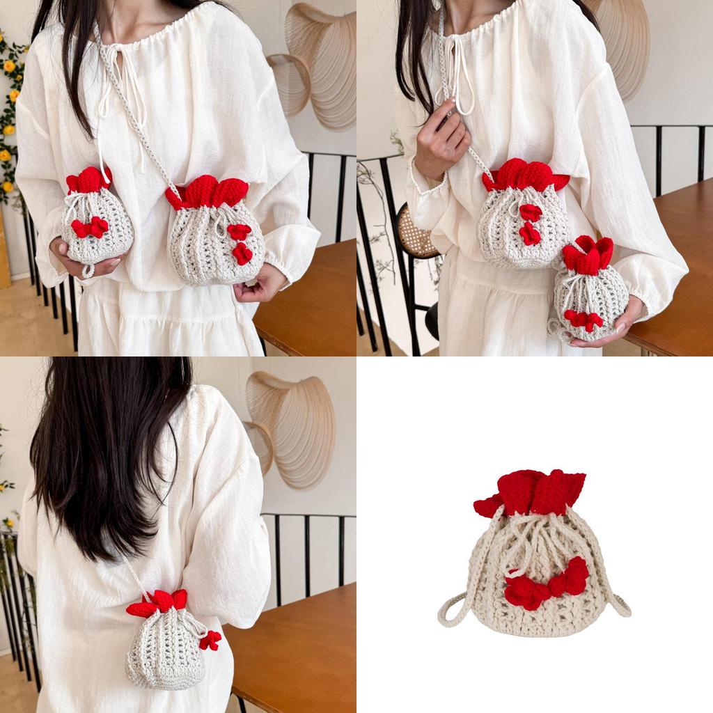 Minimally Woven Crossbody Bag With Flower Appearance And Drawstring Design For Daily Use