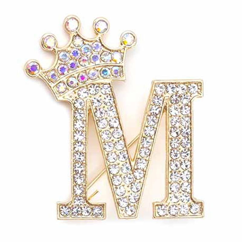 Fashion Crown 26 Initial Letters A To Z Crystal Rhinestone Brooch Pins Women