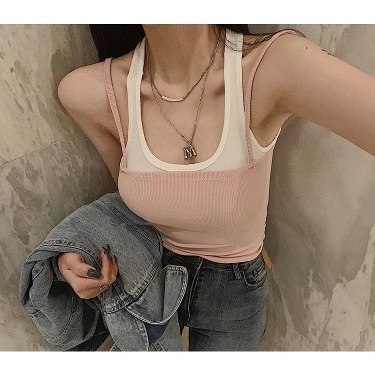 Summer New Korean Style Sexy Hottie Slim Fake Two-piece Color Matching Camisole for Women To Wear Inside and Outside The Top