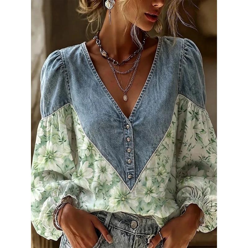 Women S Vintage V Neck Long Sleeve Patchwork Casual Shirt
