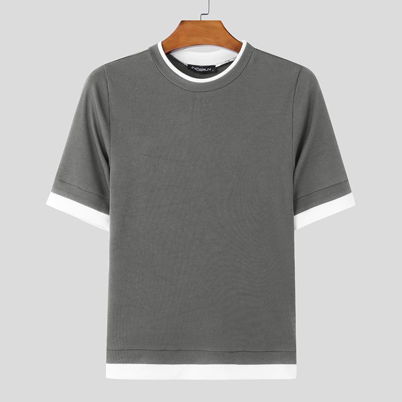 INCERUN Летние мужские футболки с коротким рукавом и круглым вырезом, с резинкой, скинни