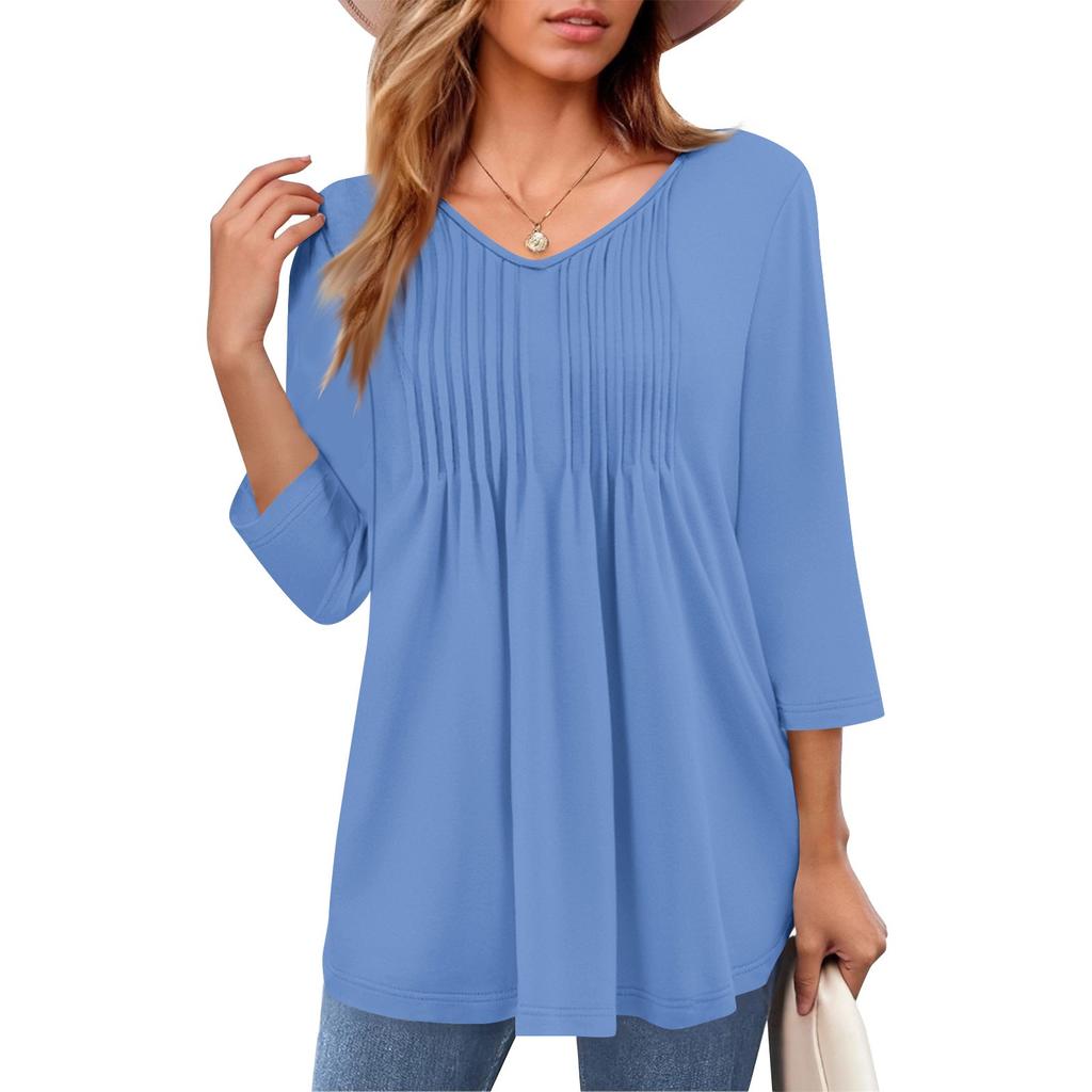 Женские топы с V-образным вырезом и рукавом три четверти в полоску, плиссированные, повседневные, летние, модные, рубашки