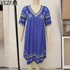 Женская мода лето весна однотонный принт короткий рукав V-образный вырез свободная талия повседневные платья