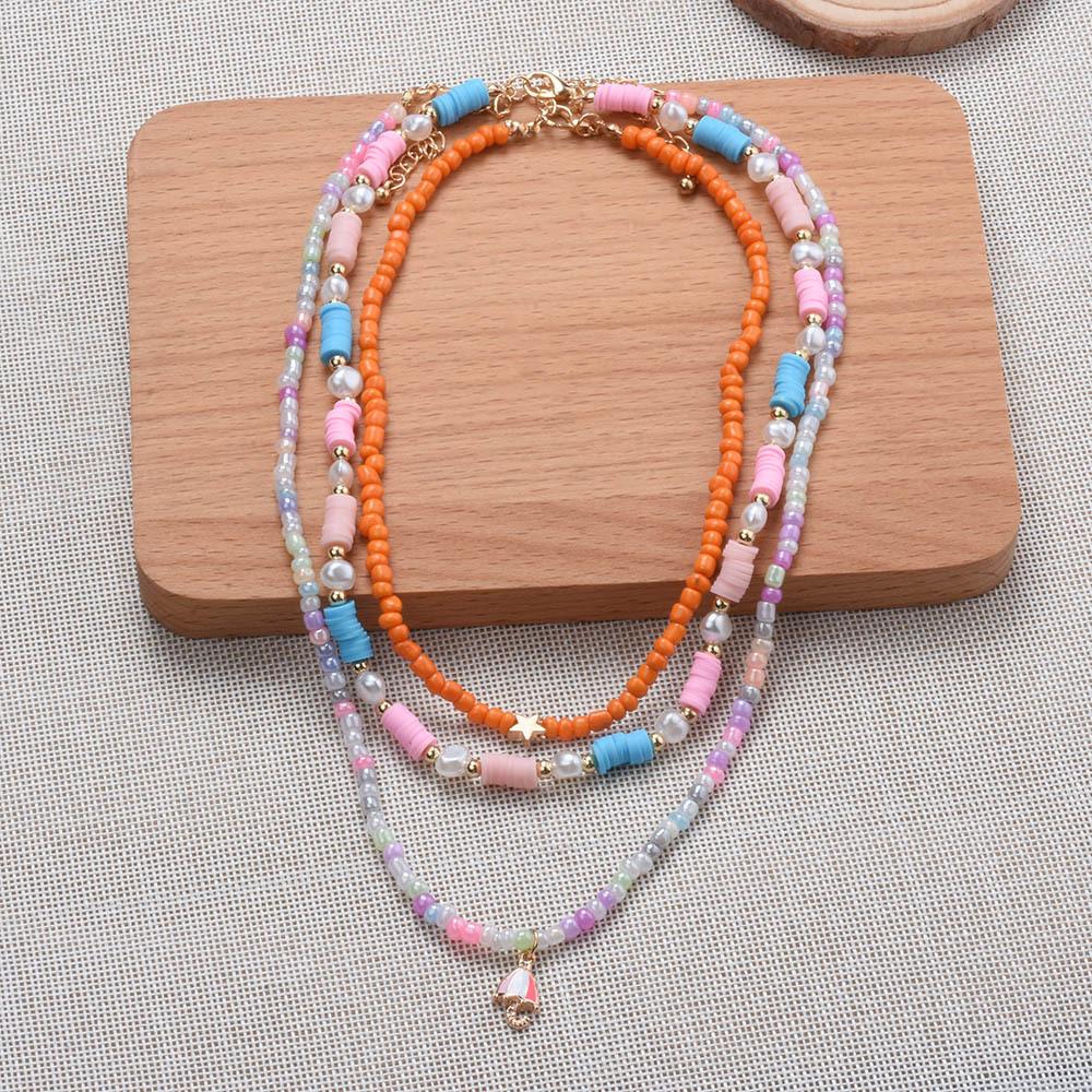 Hand-Woven Three-Layer Colored Rice Bead Flower Necklace Exaggerated Bohemian Beads Stacked Collarbone Chain