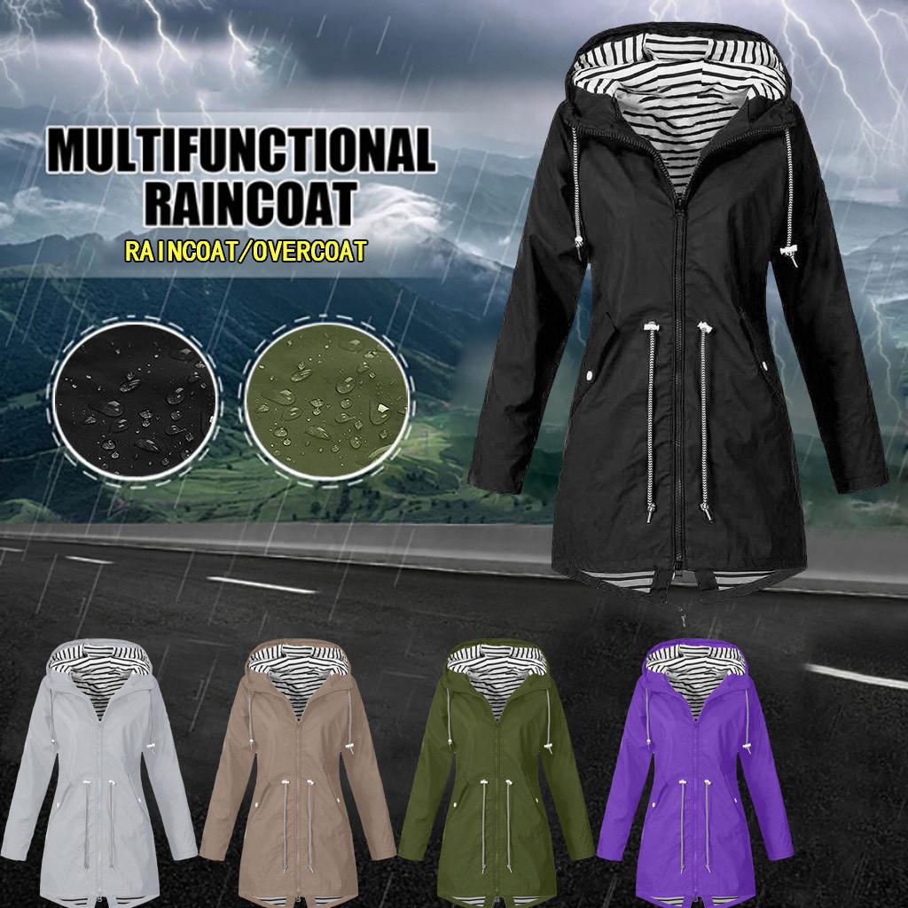 Women Solid Rain Jacket Outdoor Waterproof Hooded Windproof Loose Coat Plus Size Outwear