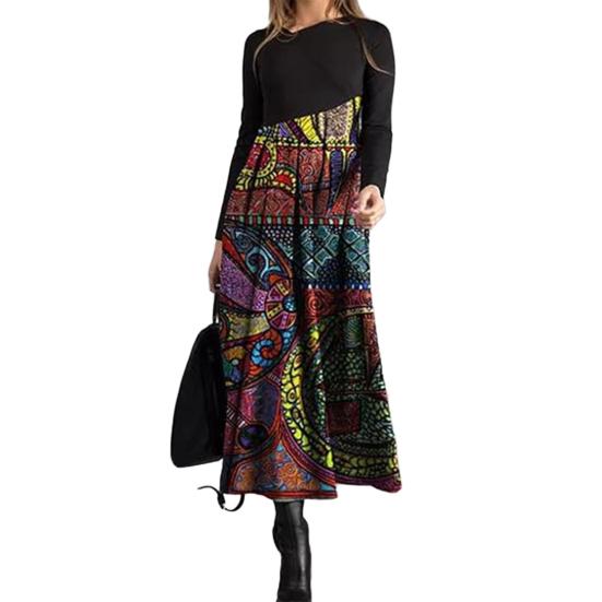 Женское платье с косым вырезом, лоскутным узором, А-силуэтом, цветным принтом, плиссированными длинными рукавами, в стиле бохо, свободное макси-платье