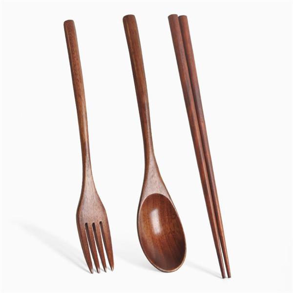 Korean Wooden Tableware Fork Spoon Chopsticks 3Pcs/Set Solid Wood Long Handle Spoon Chopsticks Portable Tableware