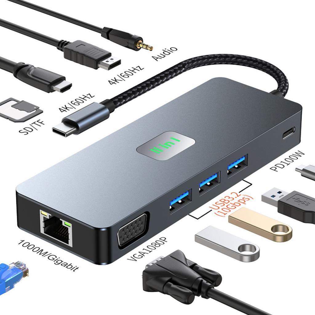 11 in 1 TYPE-C to RJ45 Gigabit USB3.2 HDMI DP+SD/TF 3.5mm Audio VGA PD100W PC