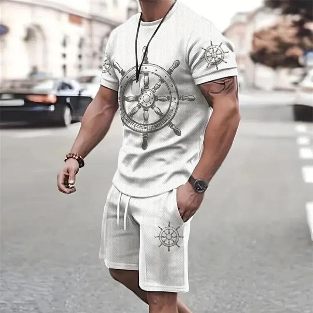 Летняя мода, футболка, шорты, комплект, темпераментный уличный мужской s, свободный топ с 3D короткими рукавами и градиентным кокосовым принтом, стиль