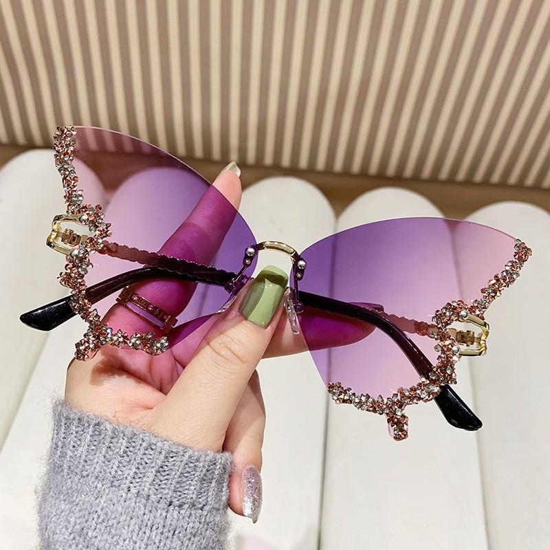 Butterfly sunglasses, UV400 protective frameless sunglasses, sparkling crystal decoration, suitable for parties, vacations, and street wear