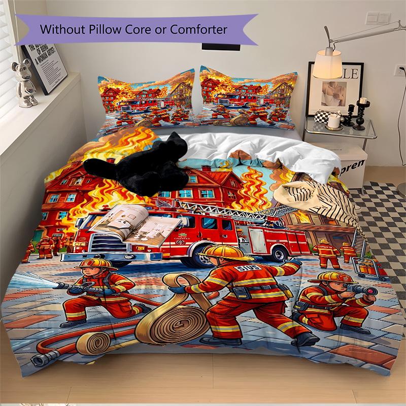 Firefighters Flames Town Print 3Pcs Bedding Setduvet Cover With 2 Bedropillowcase Home Birthday Gift