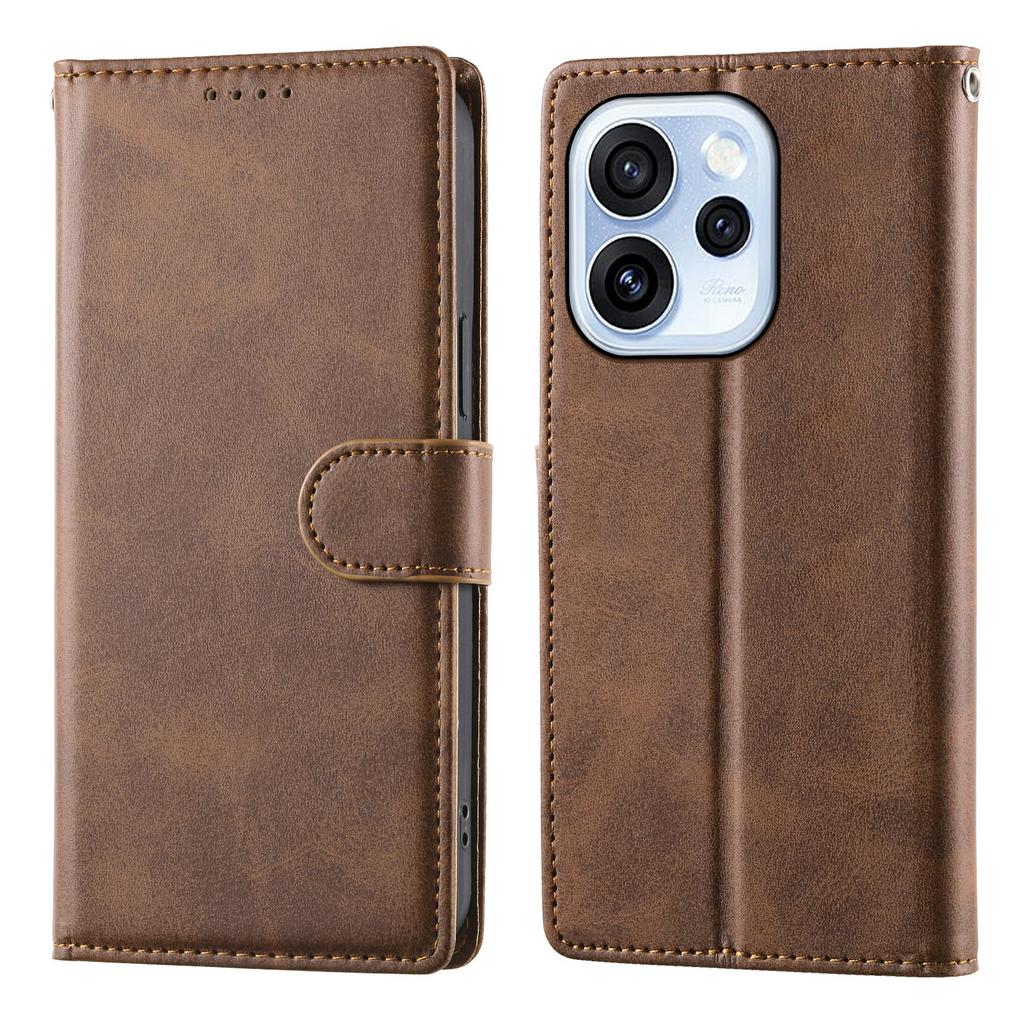 For Oppo Reno15 F 5G Case Stand Wallet Calf Texture PU Leather Flip Phone Cover with Wrist Strap