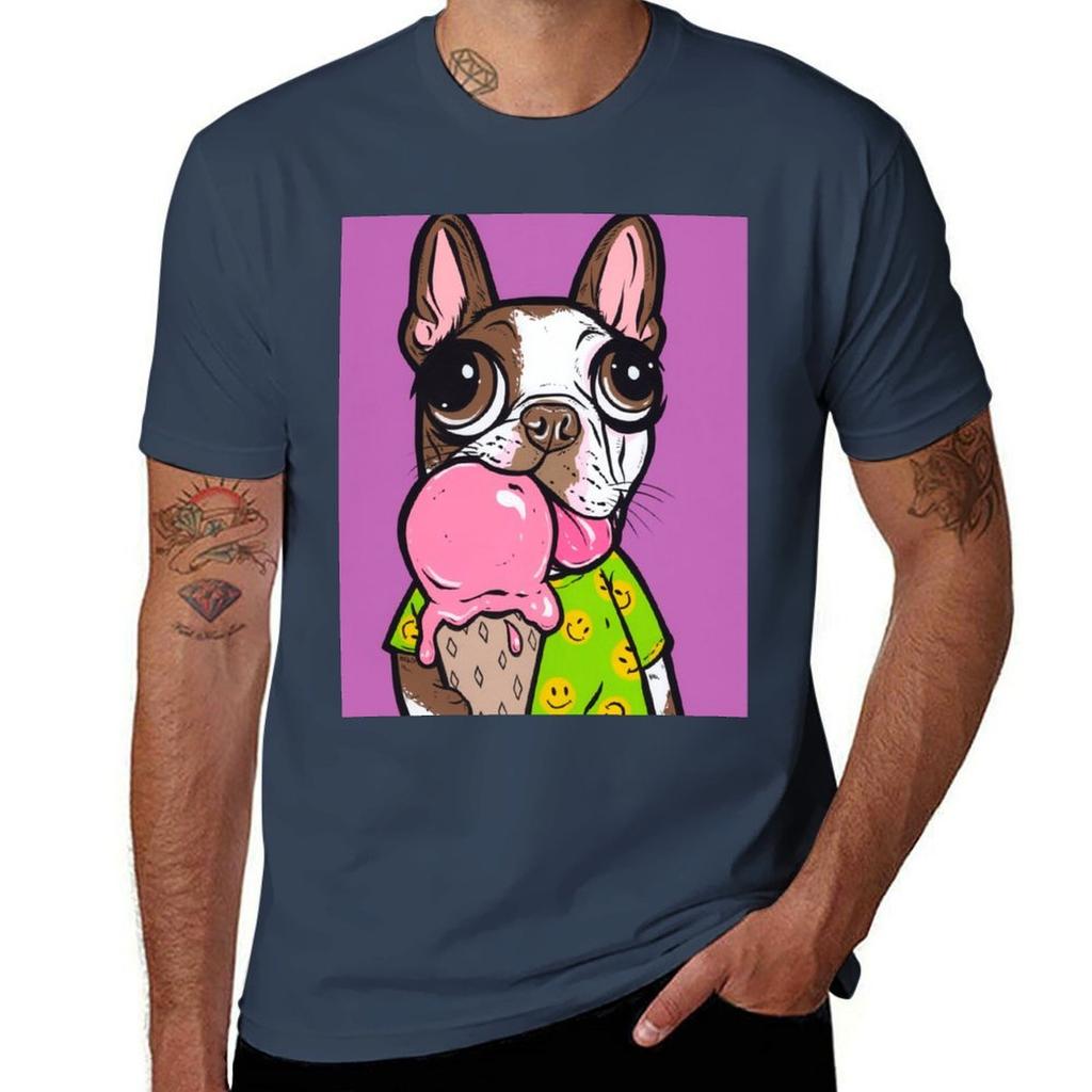 Brown Boston Terrier Ice Cream Tshirt Stylish Print Short Sleeve Tee
