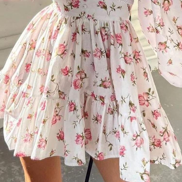 Elegant Sweet Spring Women Printed V Neck Lace Short Dress New Temperament