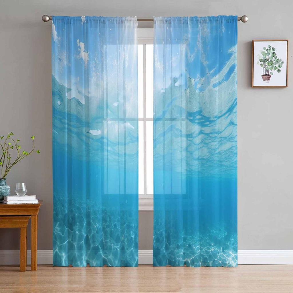 Ocean Summer Wallpaper Sunshine Tulle Window Curtains for Bedroom Luxury Home Decor Drapes In Living Room Chiffon Panels