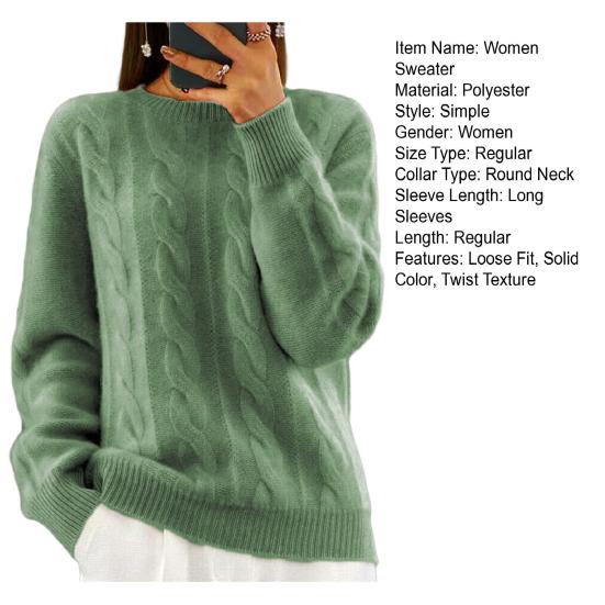 Yousheng Женский свитер с круглым вырезом и длинным рукавом, с перекрученной текстурой, трикотажные топы, однотонные, свободные, ретро-пуловеры