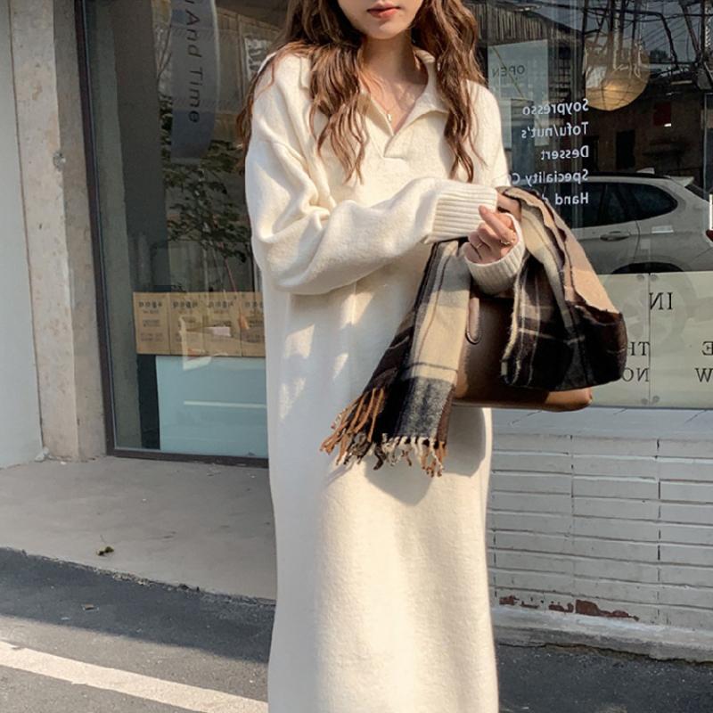 Платье-свитер LYRIA однотонное с воротником поло и высоким воротником, новый осенне-зимний стиль, подходит для пальто, длинное до колена, свободного кроя, толстой вязки.