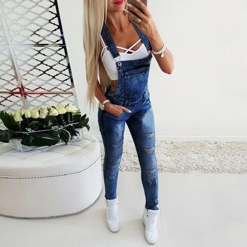 Womens Denim Overalls Jumpsuits and Rompers Skinny Slim Fit Jeans Long Jumpsuit Ripped Hole Pencil Pants Overalls